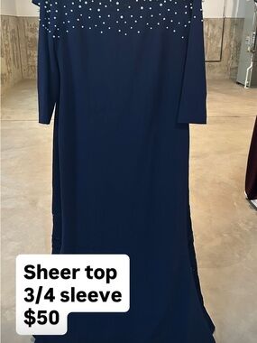 Navy Pearl-Embellished 3/4 Sleeve Women's Dress